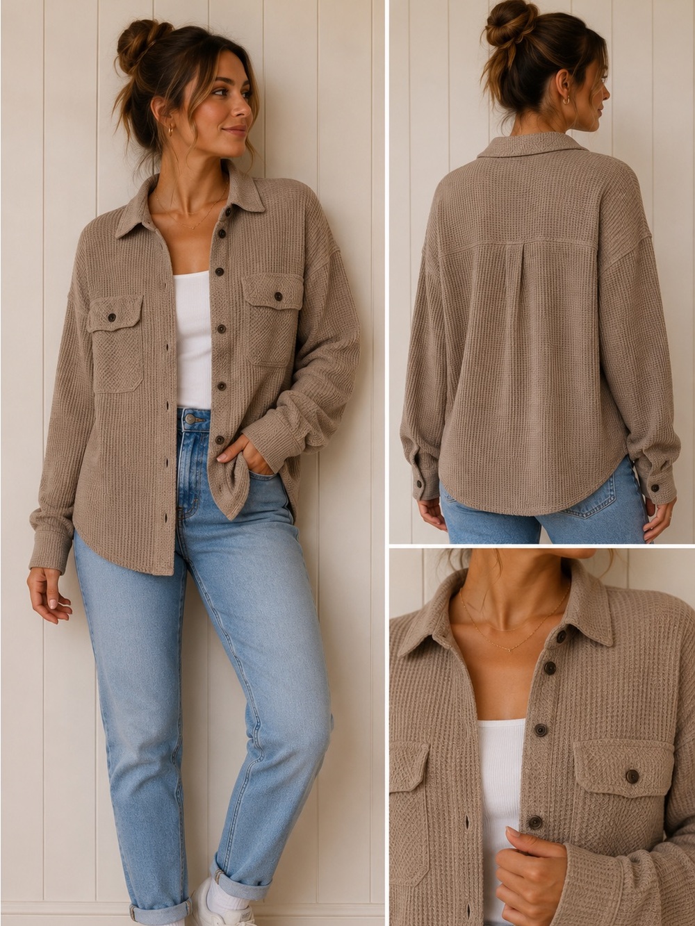 Lazypants Waffle-Knit Button-Down Shirt Jacket in Taupe